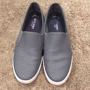 Gray Sperry Topsider leather slip on sneakers